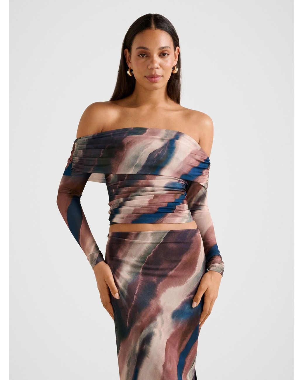 Forever New Blue Kaia Ruched Mesh Bardot Top