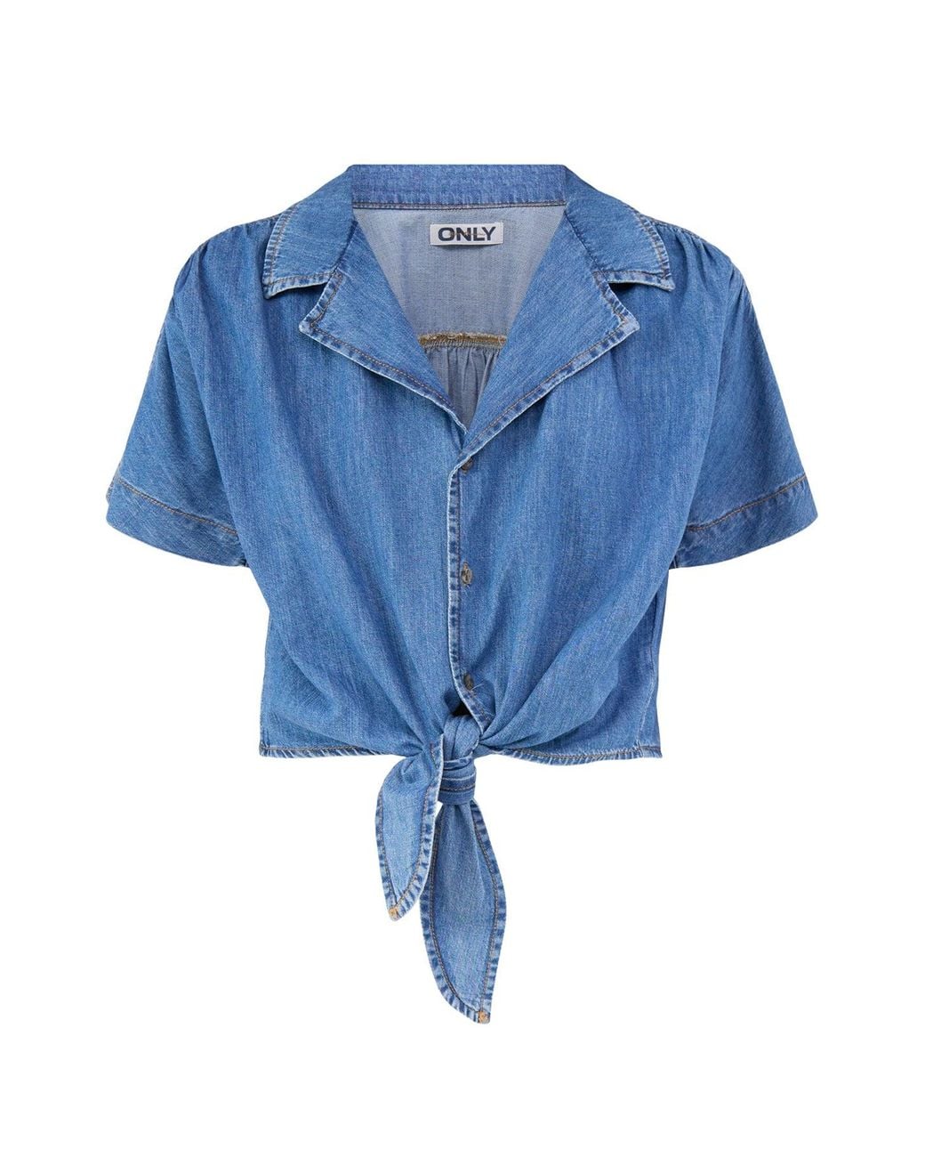 ONLY Blue Paula Short Sleeve Tie Denim Shirt