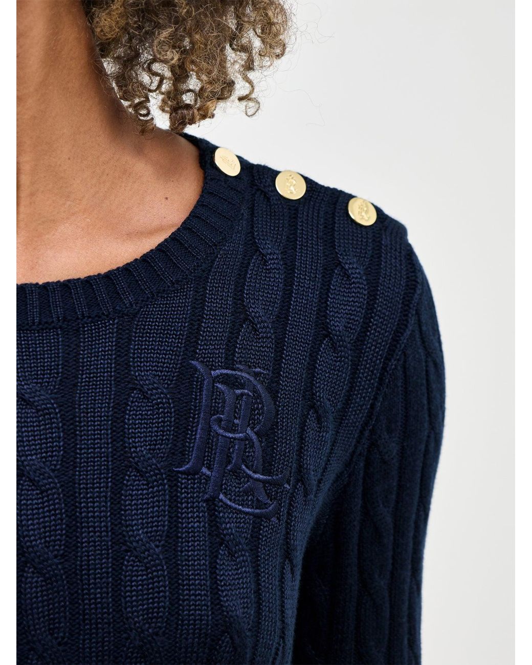Ralph Lauren Blue Cable Knit Button Shoulder Jumper