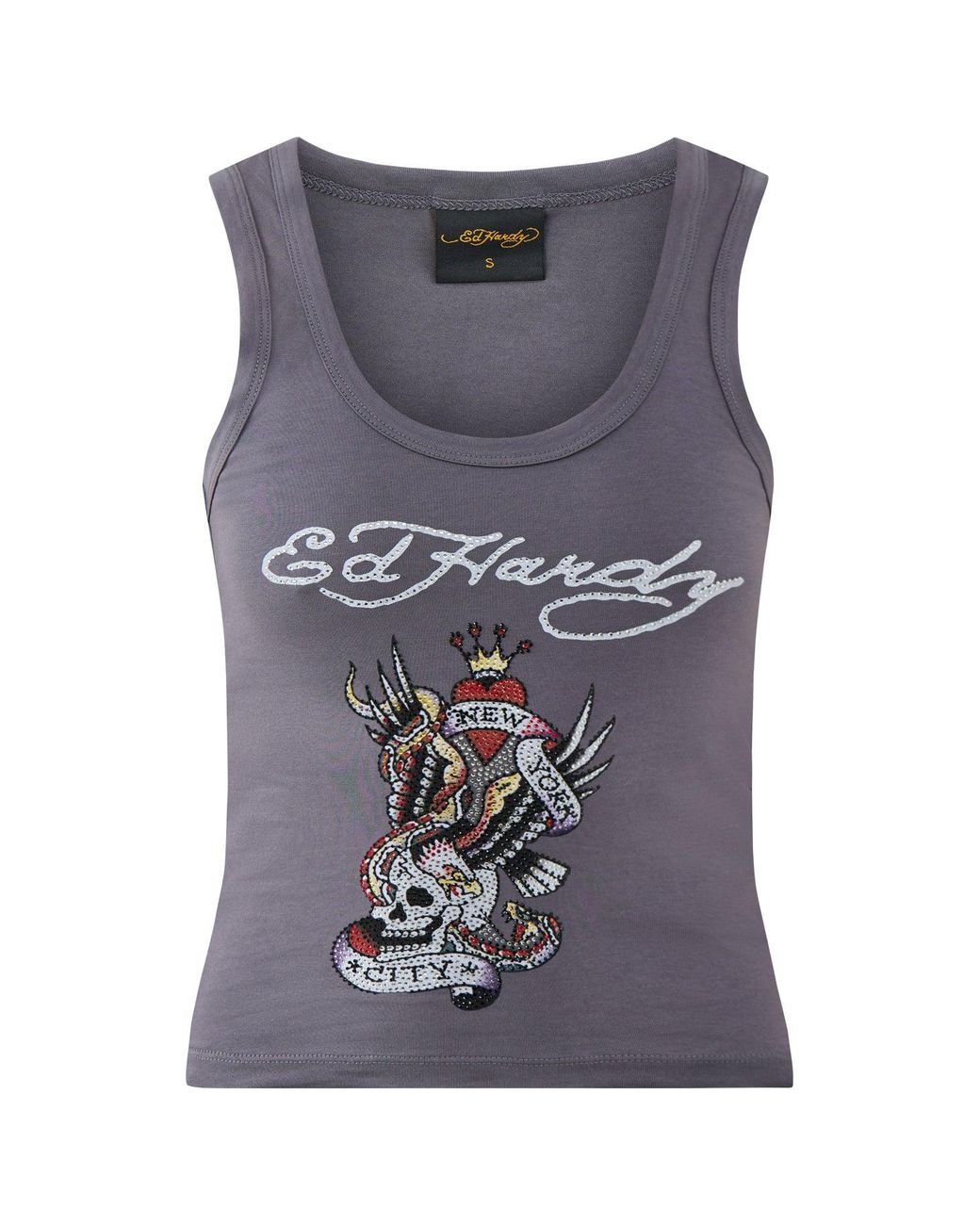 Ed Hardy Gray New York City Diamante Cropped Vest Top