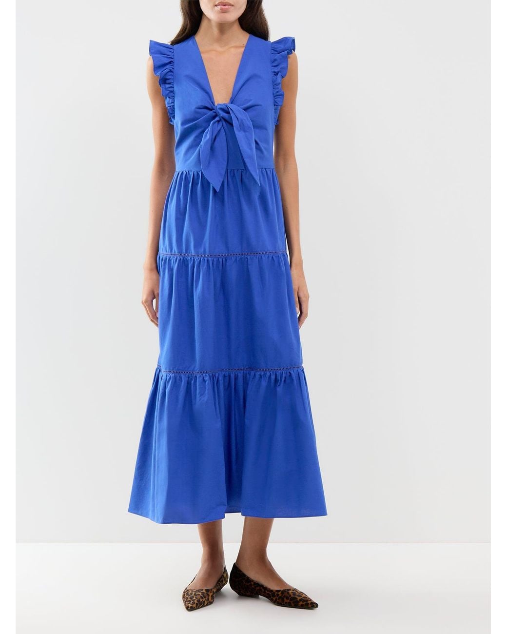 roandzo Blue Tie Front Poplin Dress –
