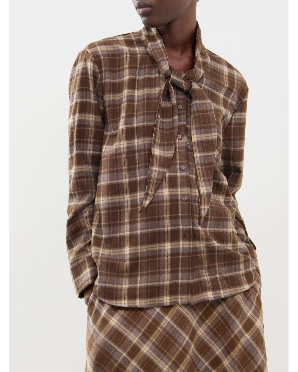 ONLY Brown Check Tie Detail Shirt