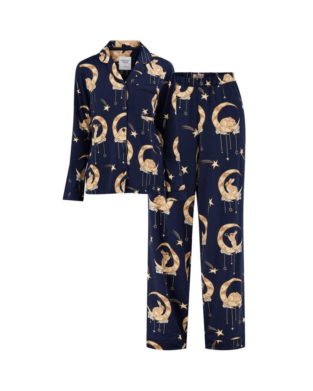 Chelsea Peers Blue Bunny On Moon Long Button-Up Pyjama Set