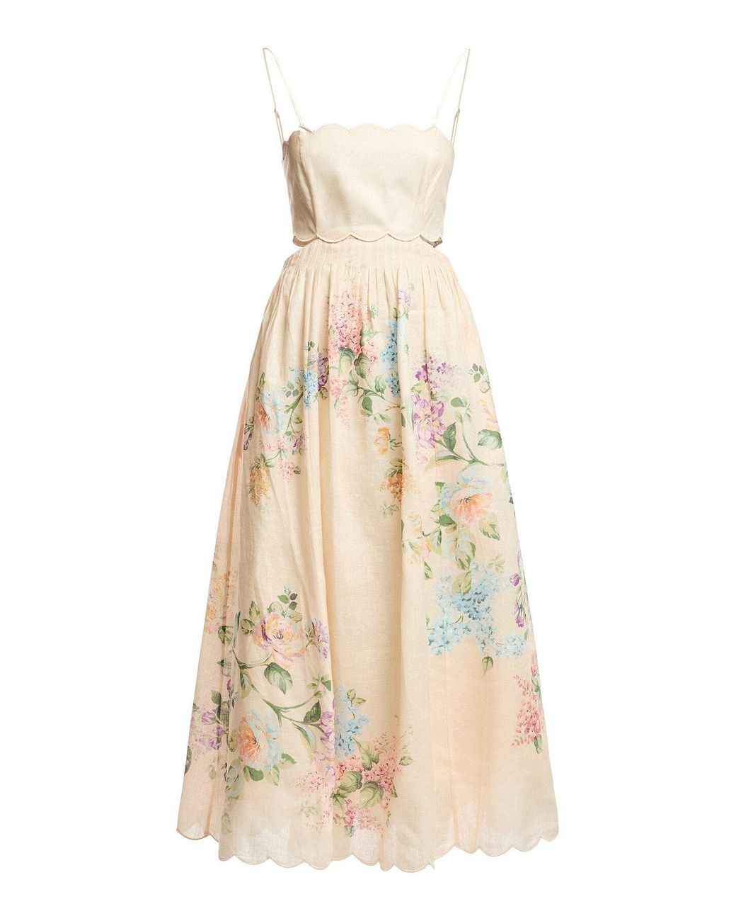 halliday scallop midi dress in cream watercolour floral Zimmermann Halliday Scallop Midi Dress in Cream Watercolour Floral