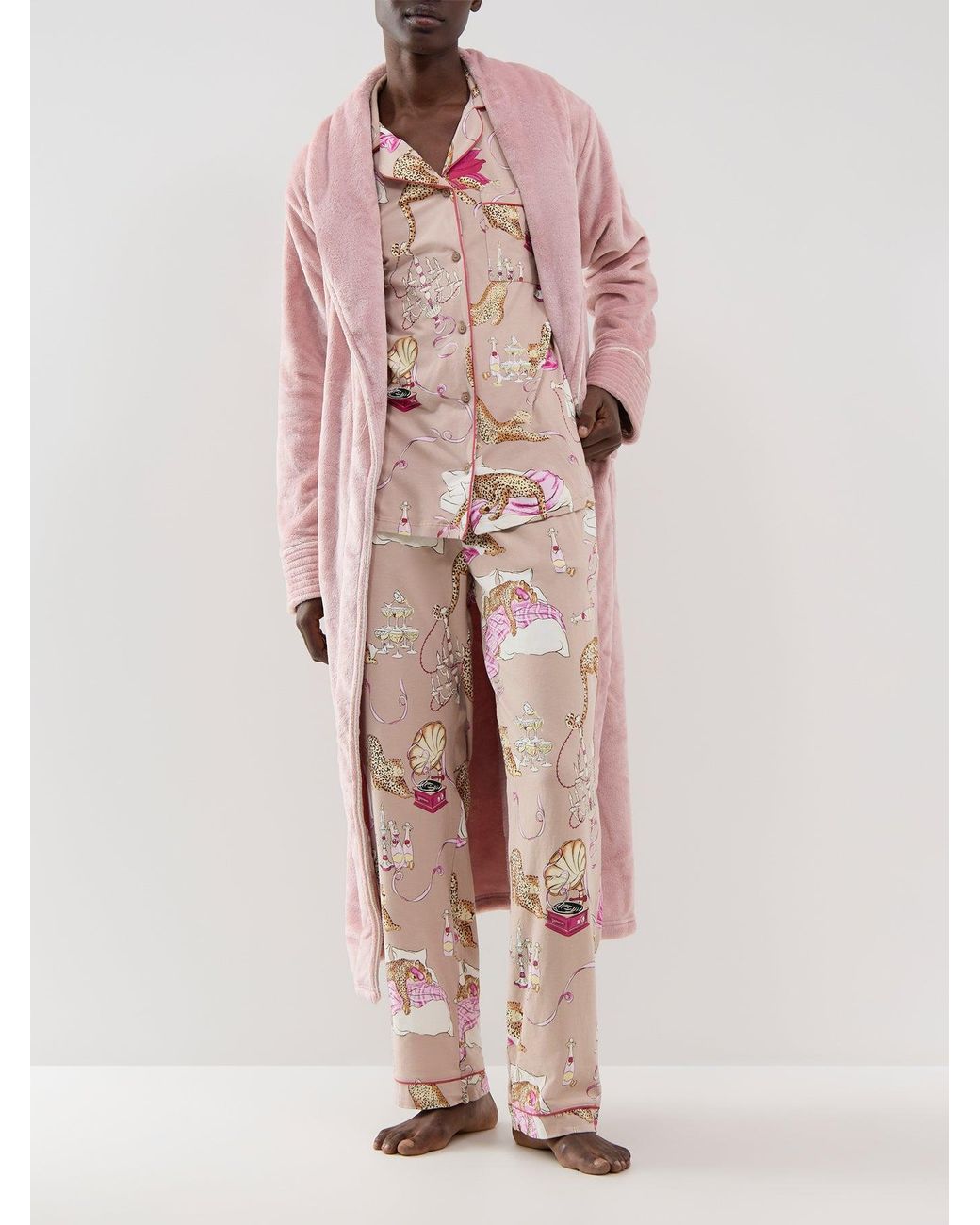 Chelsea Peers Pink Organic Party Leopard Long Button-Up Pyjama Set