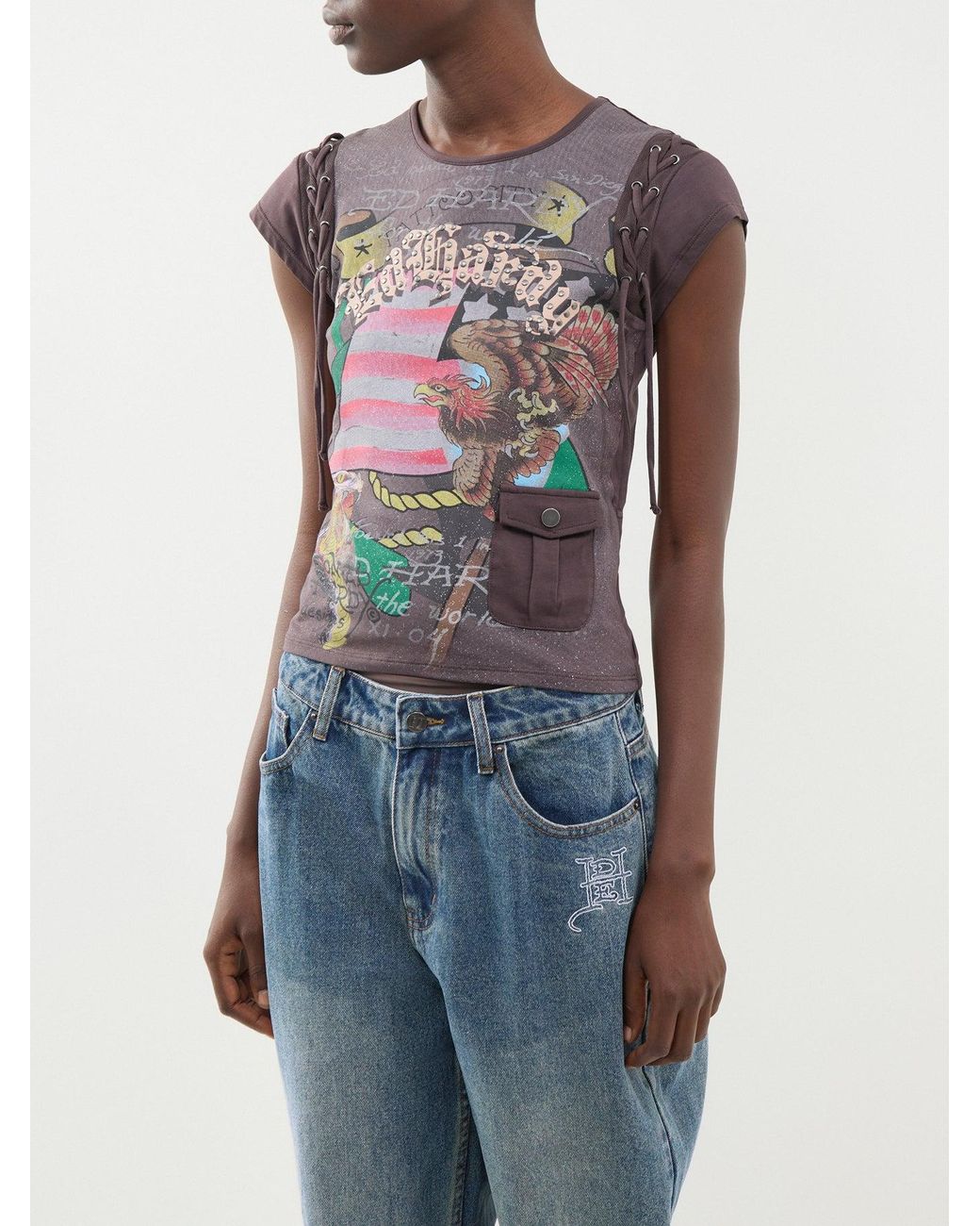 Ed Hardy Gray American Eagle Lace-Up T-Shirt