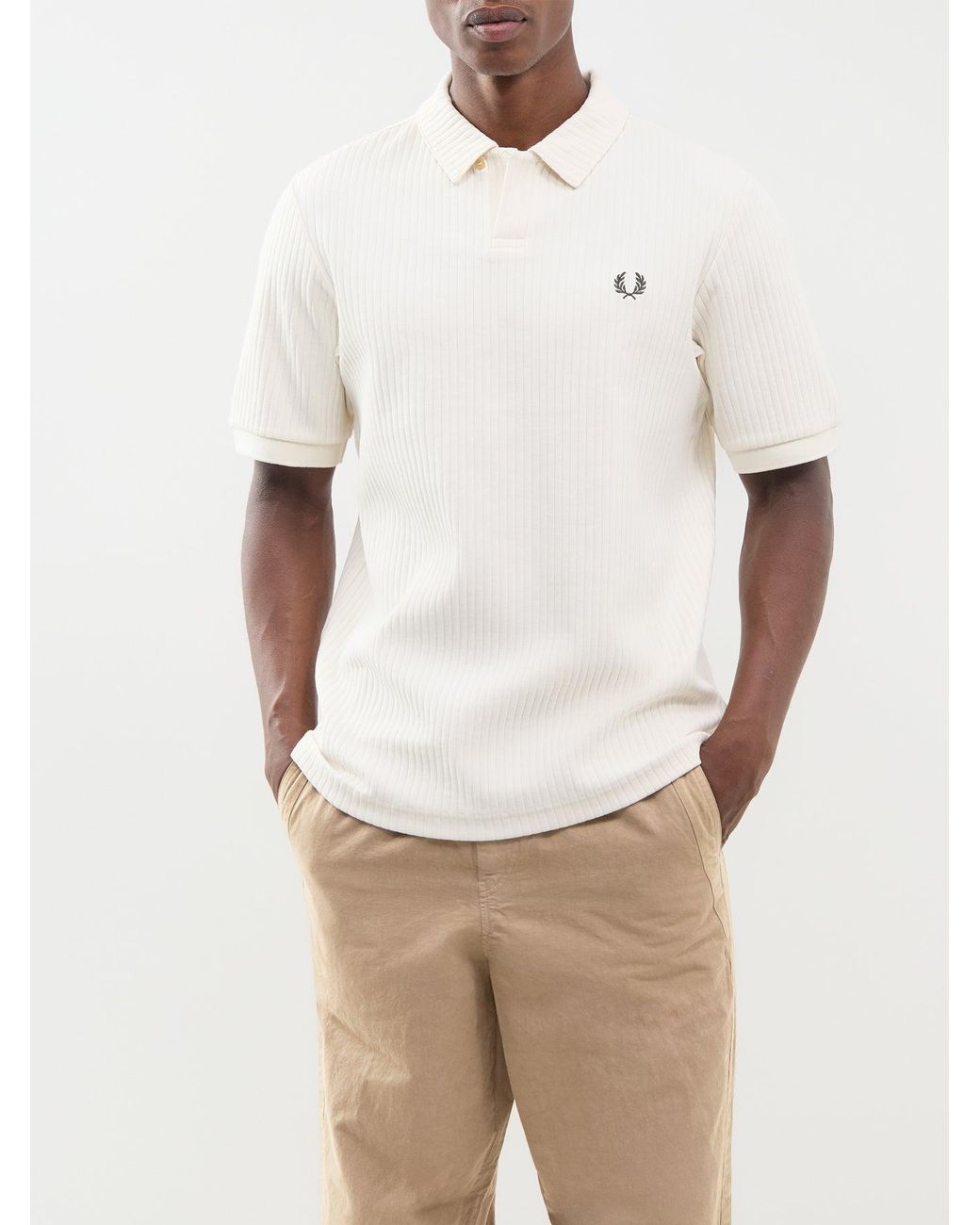 Fred Perry White Drop Needle Jersey Polo Shirt Cream for men