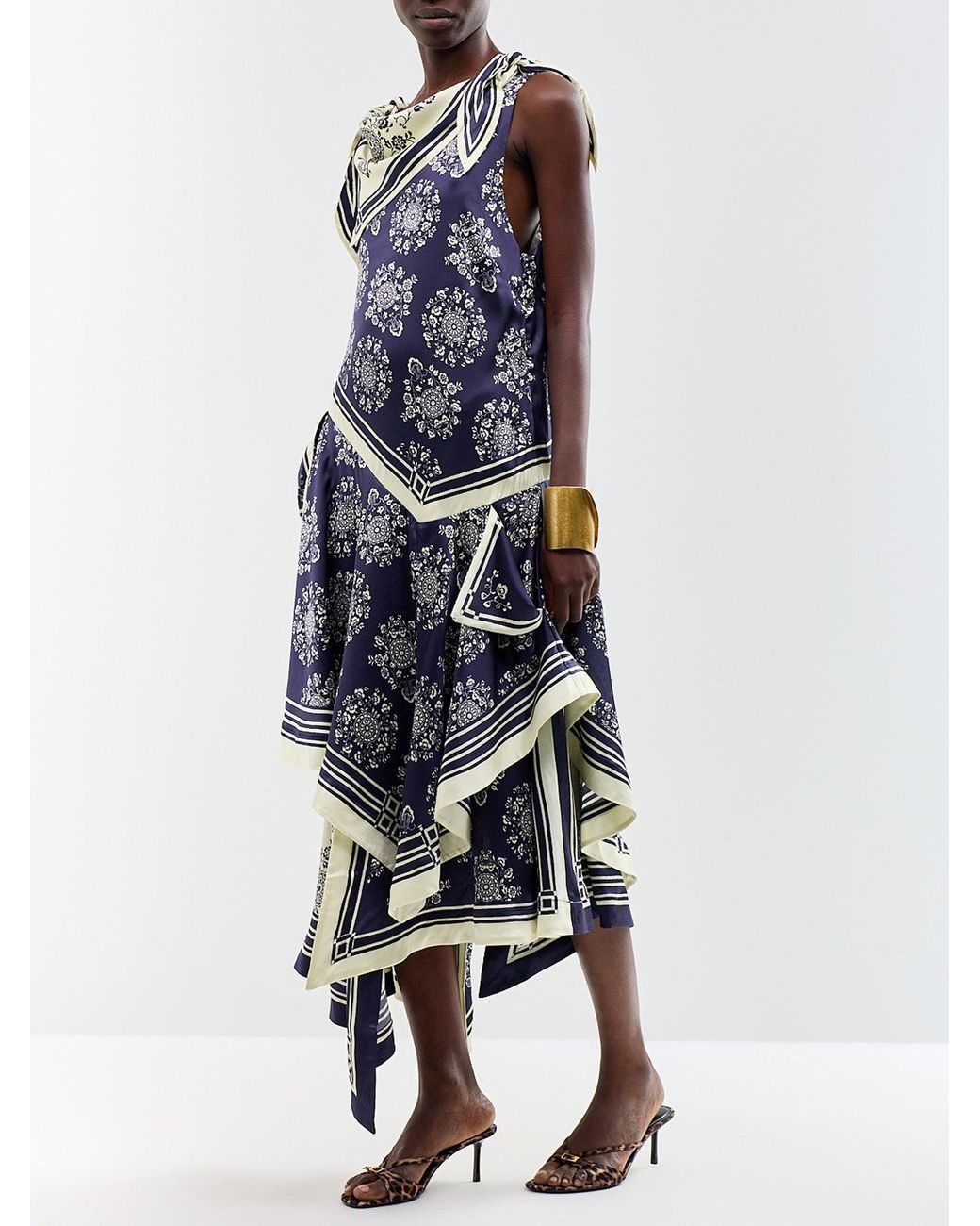 ALÉMAIS Blue Banderra Silk Satin Scarf Midi Dress