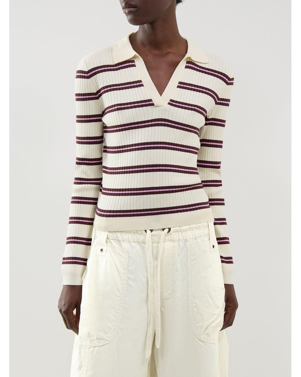 ONLY White Kaya Striped Knitted Polo Jumper