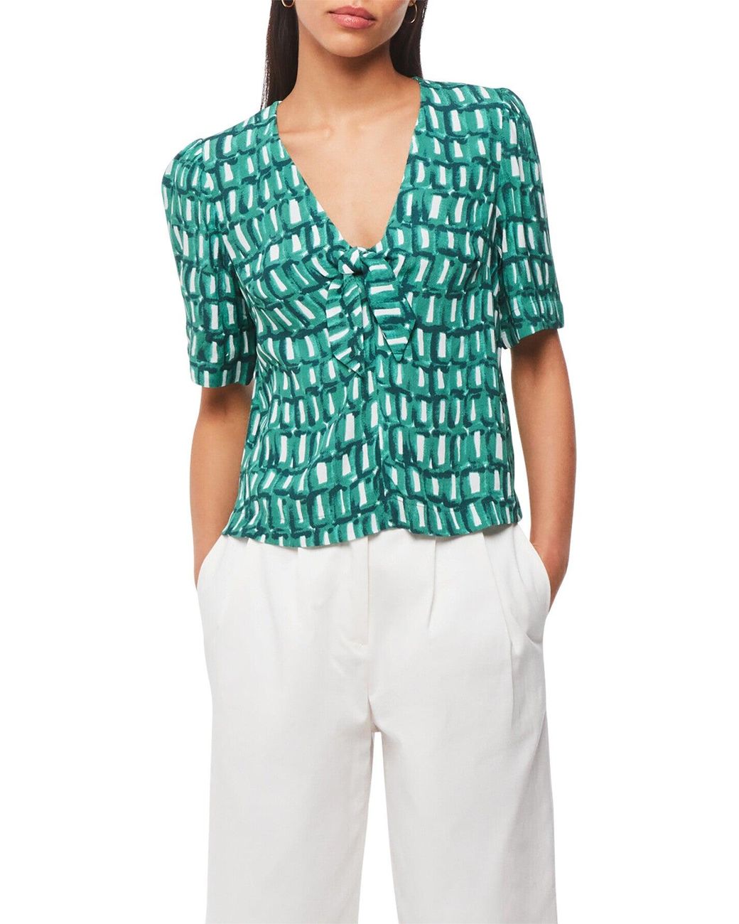 Whistles Green Women's Linked Smudge Tie Front Top