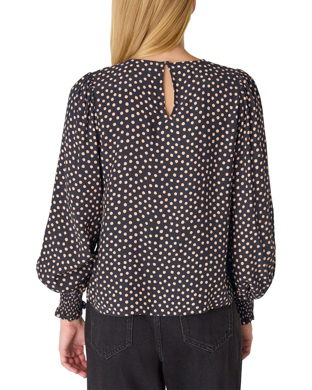 Whistles Black Spot Shirred Cuff Blouse, Wood/Metal