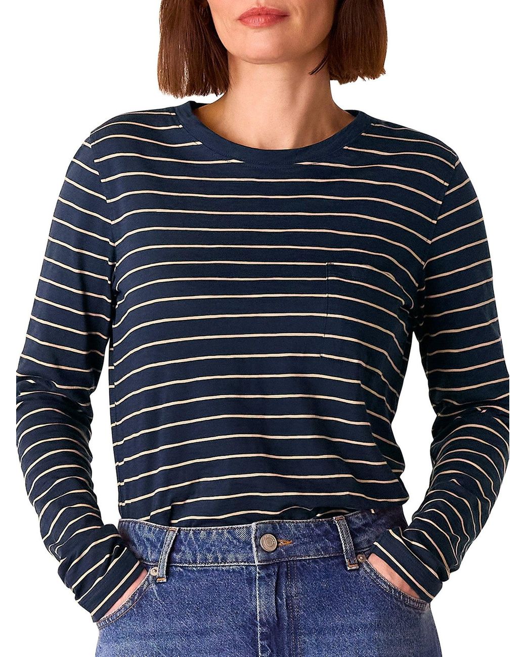 Whistles Blue Stripe Crew Neck Pocket Top, Cotton