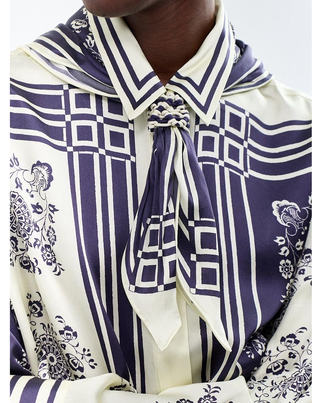 ALÉMAIS Blue Banderra Silk Satin Scarf Shirt