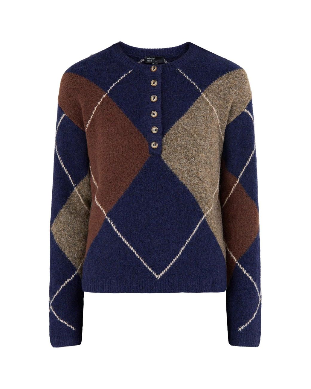 Nobody's Child Blue Henley Long-Sleeved Jumper, Wool Blend