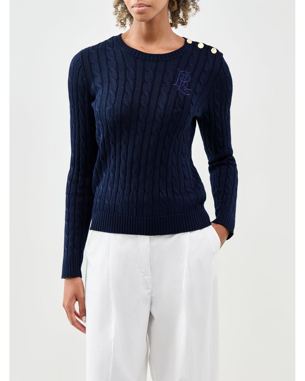 Ralph Lauren Blue Cable Knit Button Shoulder Jumper