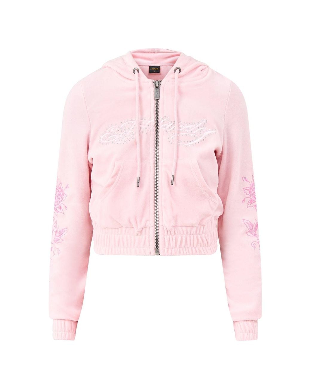 Ed Hardy Pink Love And Thorns Diamante Velour Hoodie