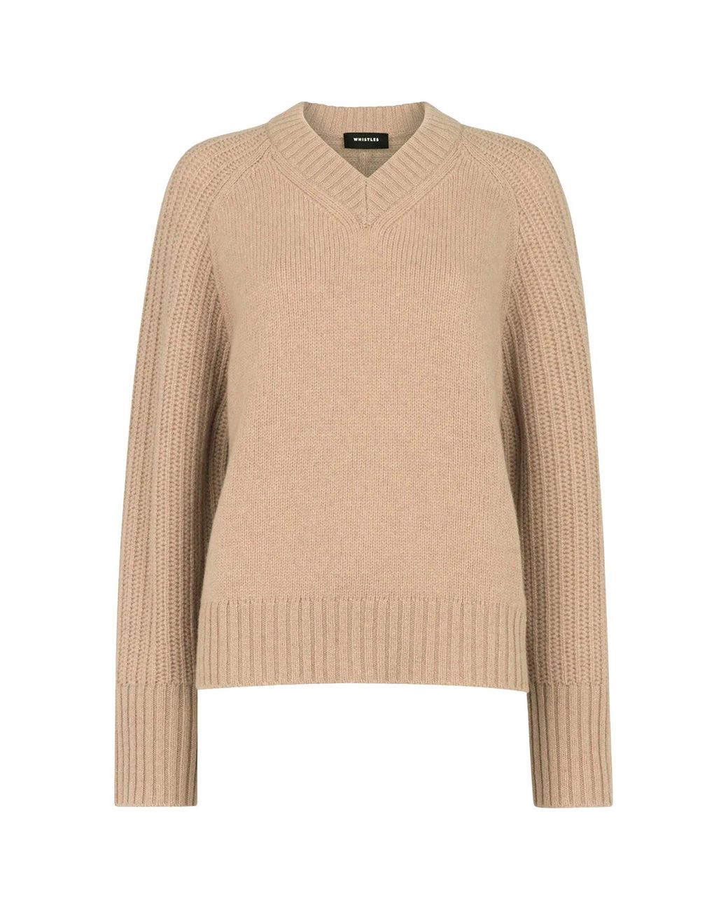 Whistles Natural Ribbed Sleeve V-Neck Knit