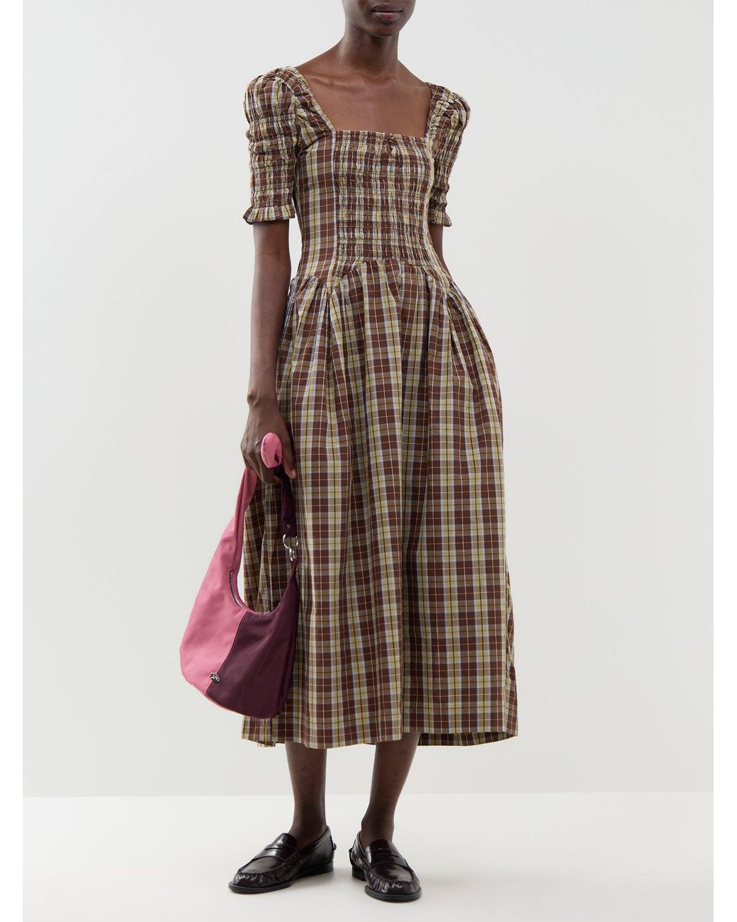 Damson Madder Brown Emmy Shirred Check Midi Dress