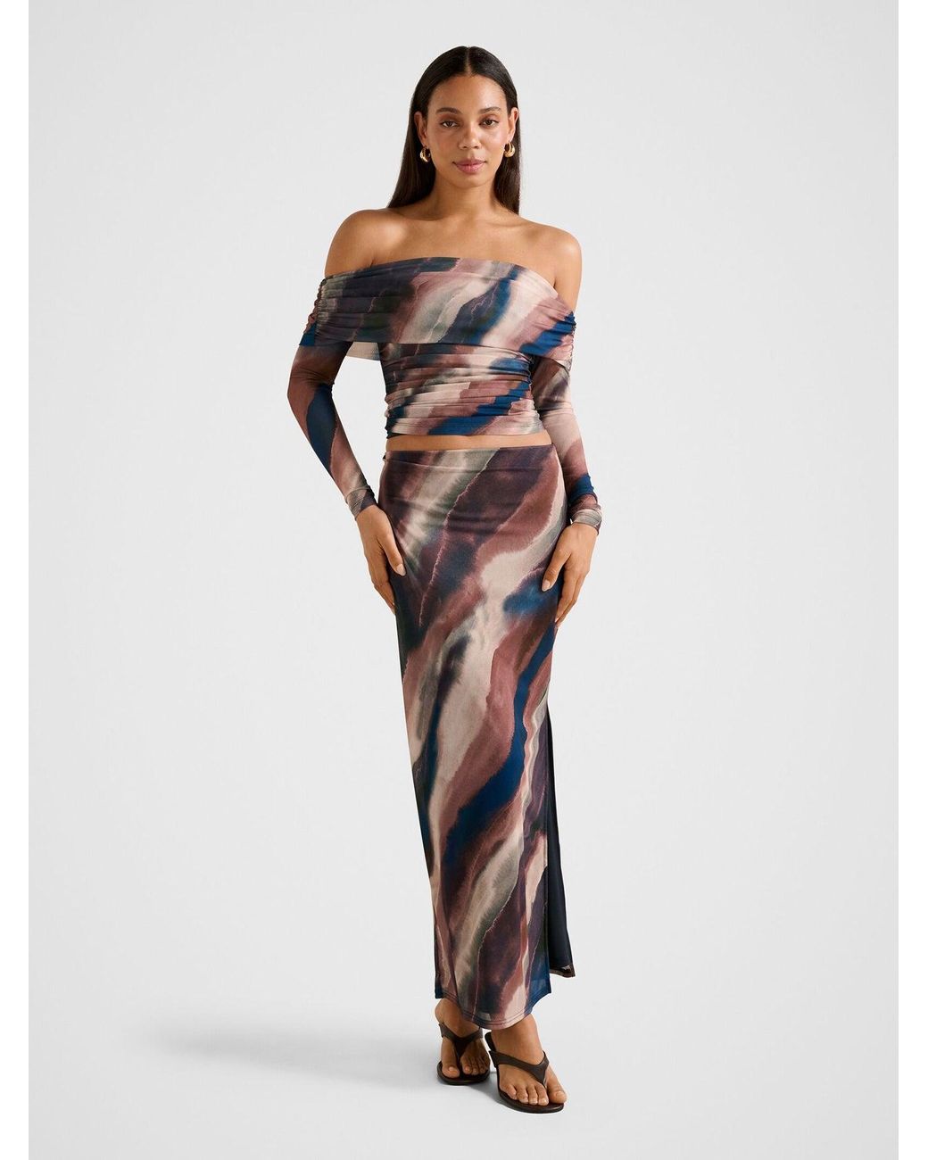 Forever New Blue Kaia Ruched Mesh Bardot Top