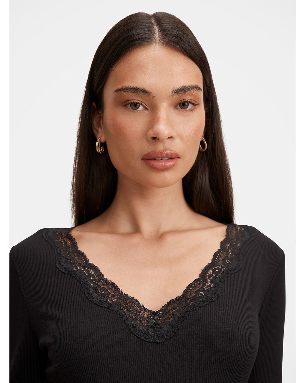 Forever New Black Selena Lace Trim 3/4 Sleeve Top