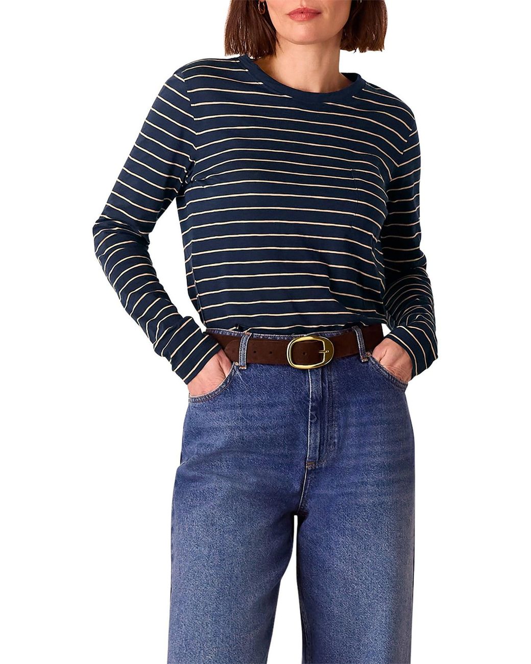 Whistles Blue Stripe Crew Neck Pocket Top, Cotton
