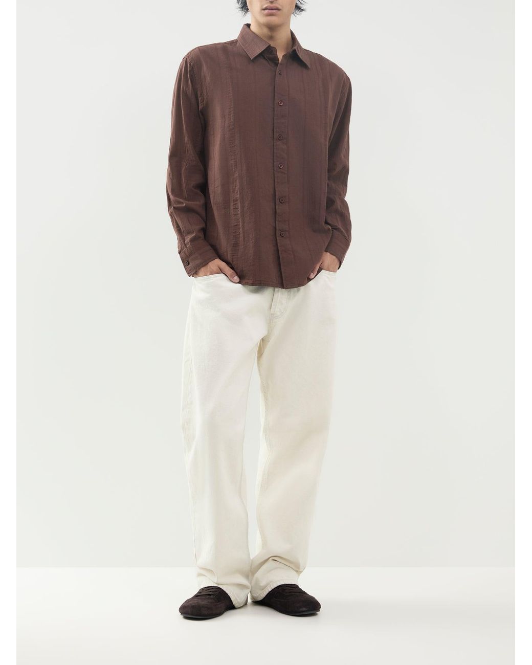 Farah Brown Lubbock Stripe Long Sleeve Shirt for men