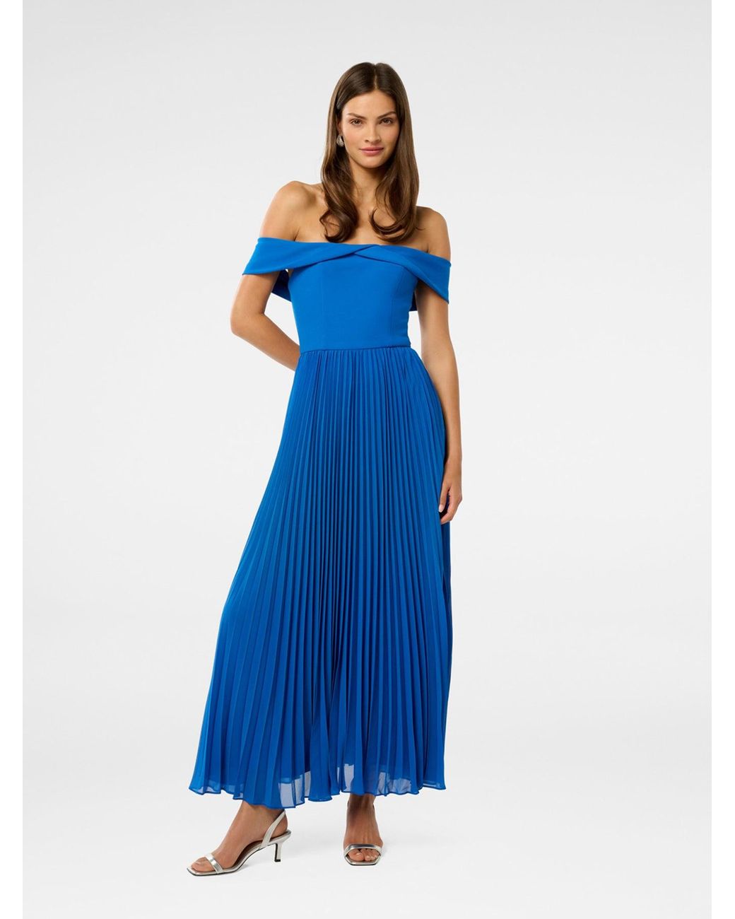 Forever New Blue Louise Off Shoulder Pleated Midi Dress
