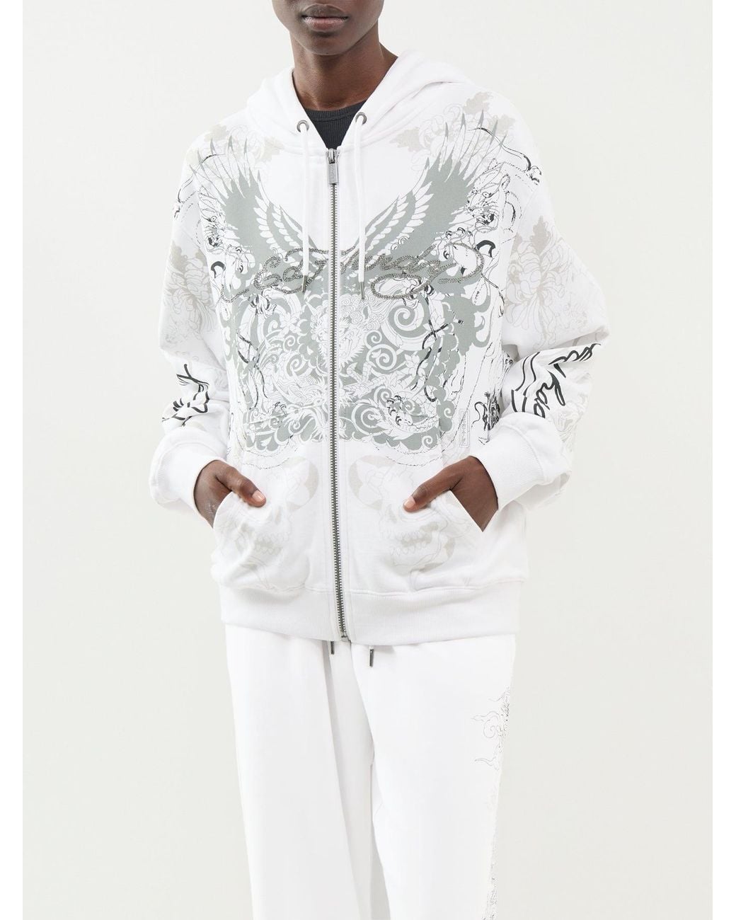 Ed Hardy White Diamanté Venom Relaxed Zip-Through Hoodie