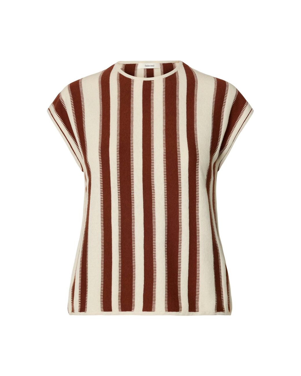 SELECTED Brown Lina Sleeveless Knit Crew Neck Jumper Cream
