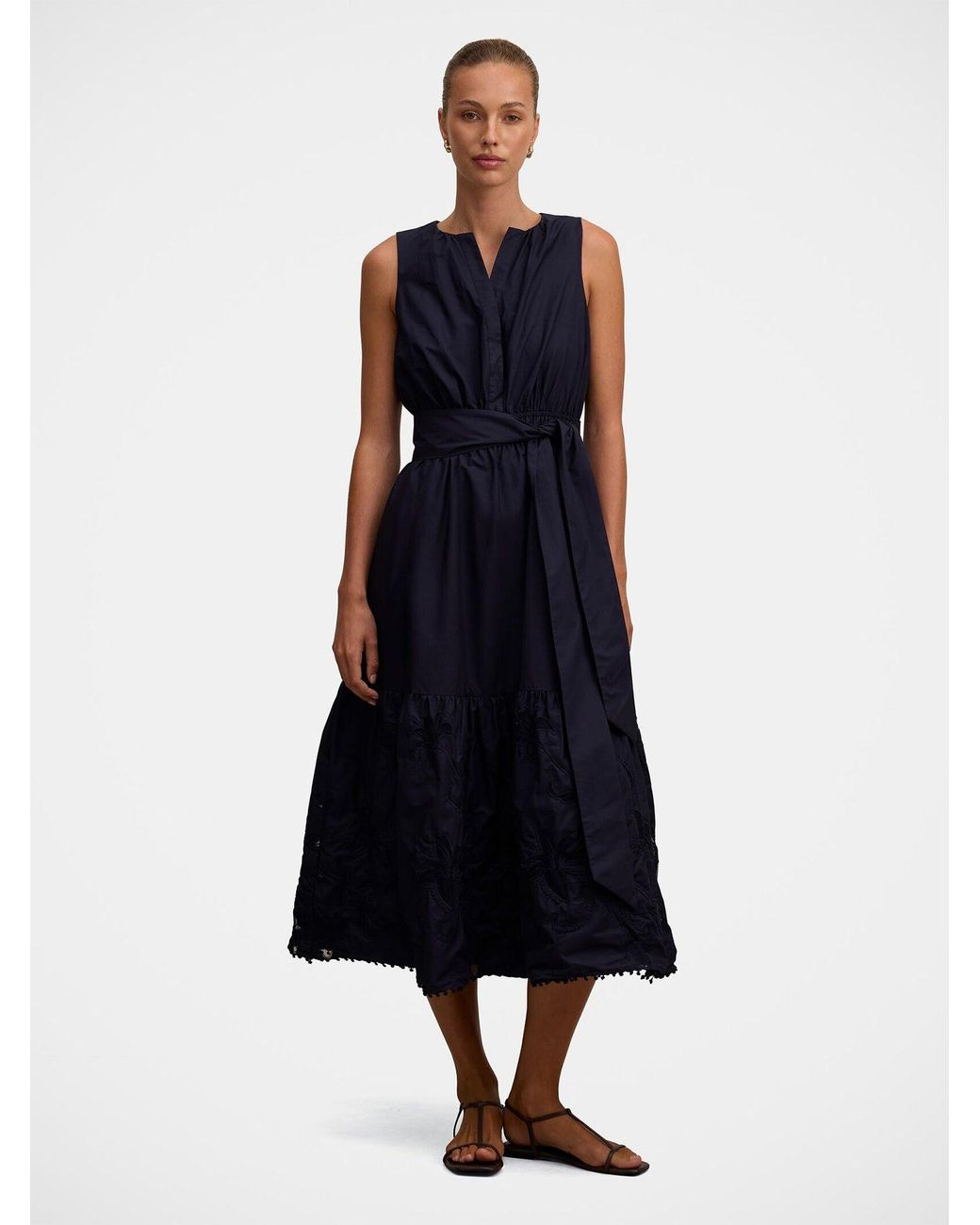 Forever New Blue Evie Sleeveless Embroidered Tie Midi Dress