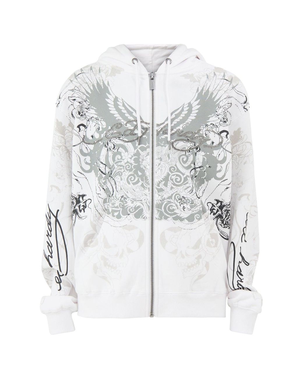 Ed Hardy White Diamanté Venom Relaxed Zip-Through Hoodie
