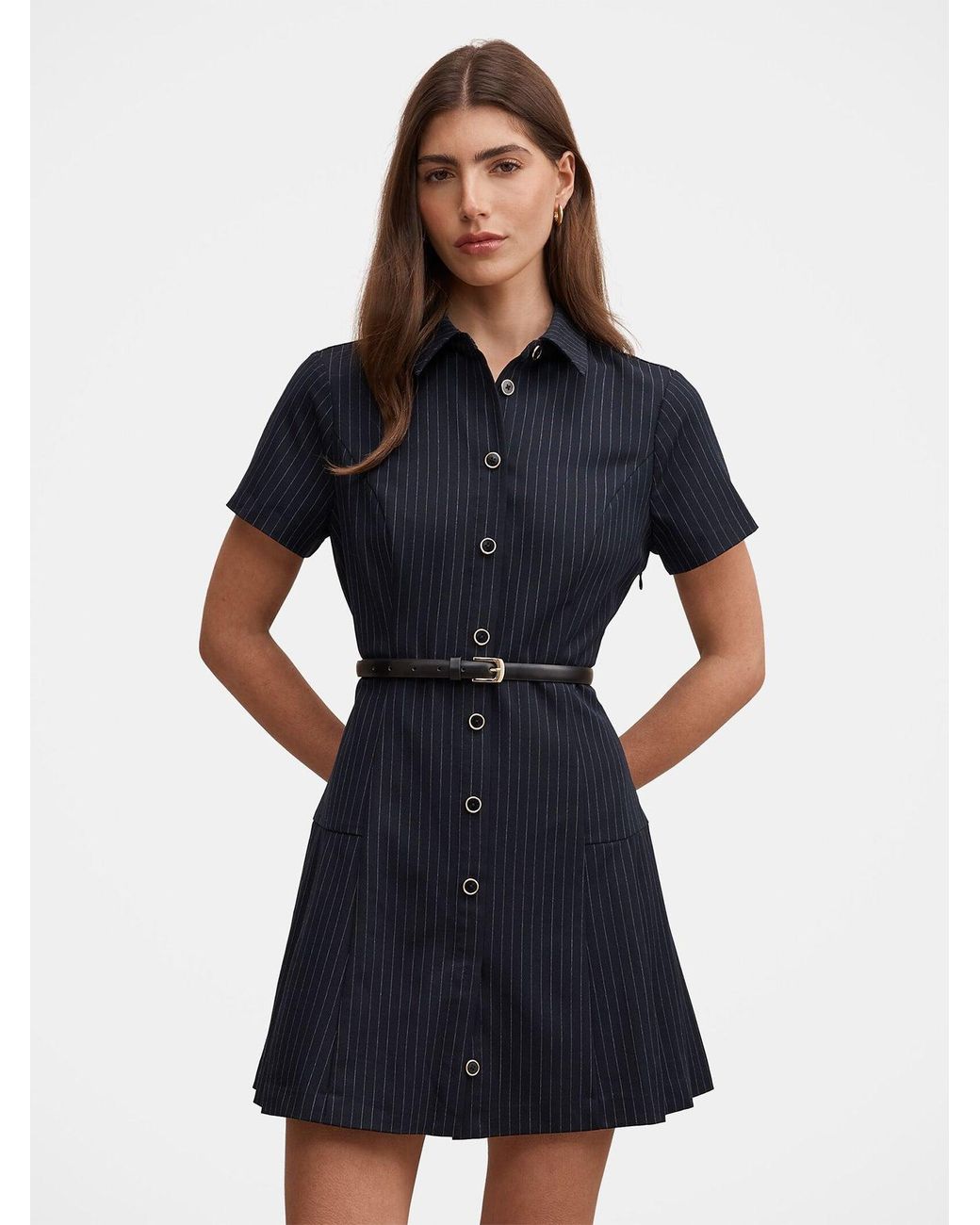 Forever New Blue Gigi Pleated Button-Down Mini Dress