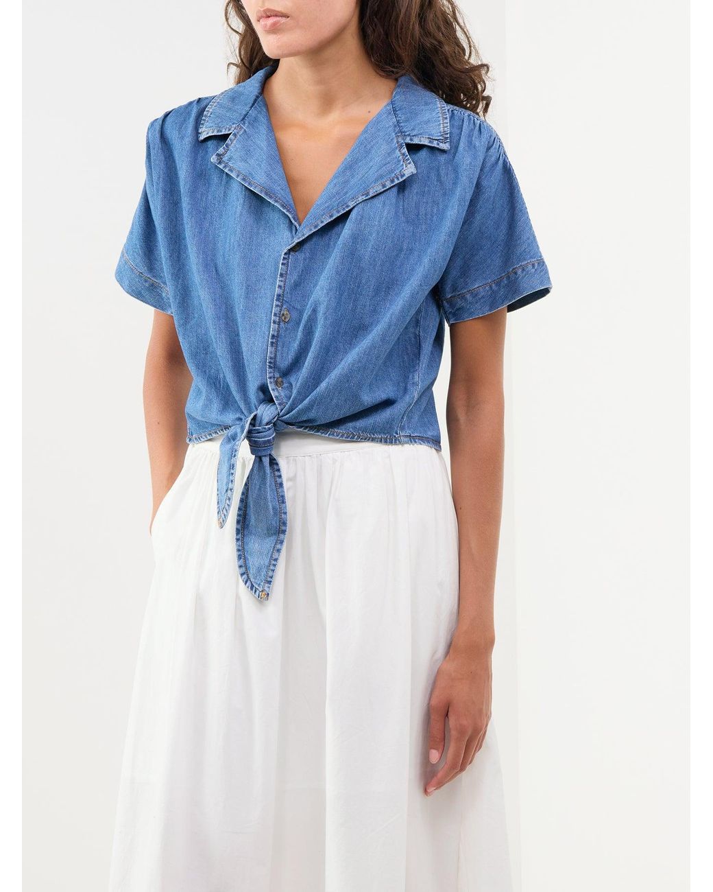 ONLY Blue Paula Short Sleeve Tie Denim Shirt