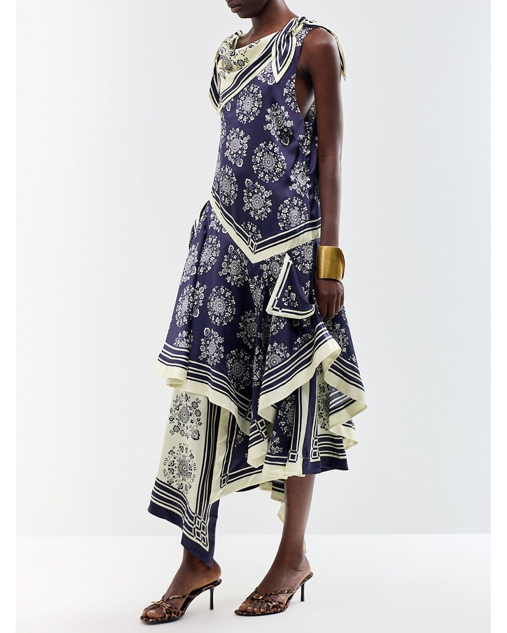 ALÉMAIS Blue Banderra Silk Satin Scarf Midi Dress