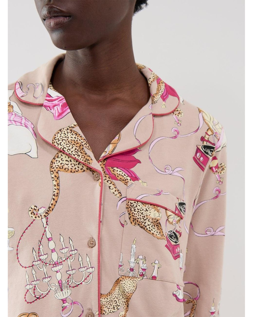 Chelsea Peers Pink Organic Party Leopard Long Button-Up Pyjama Set