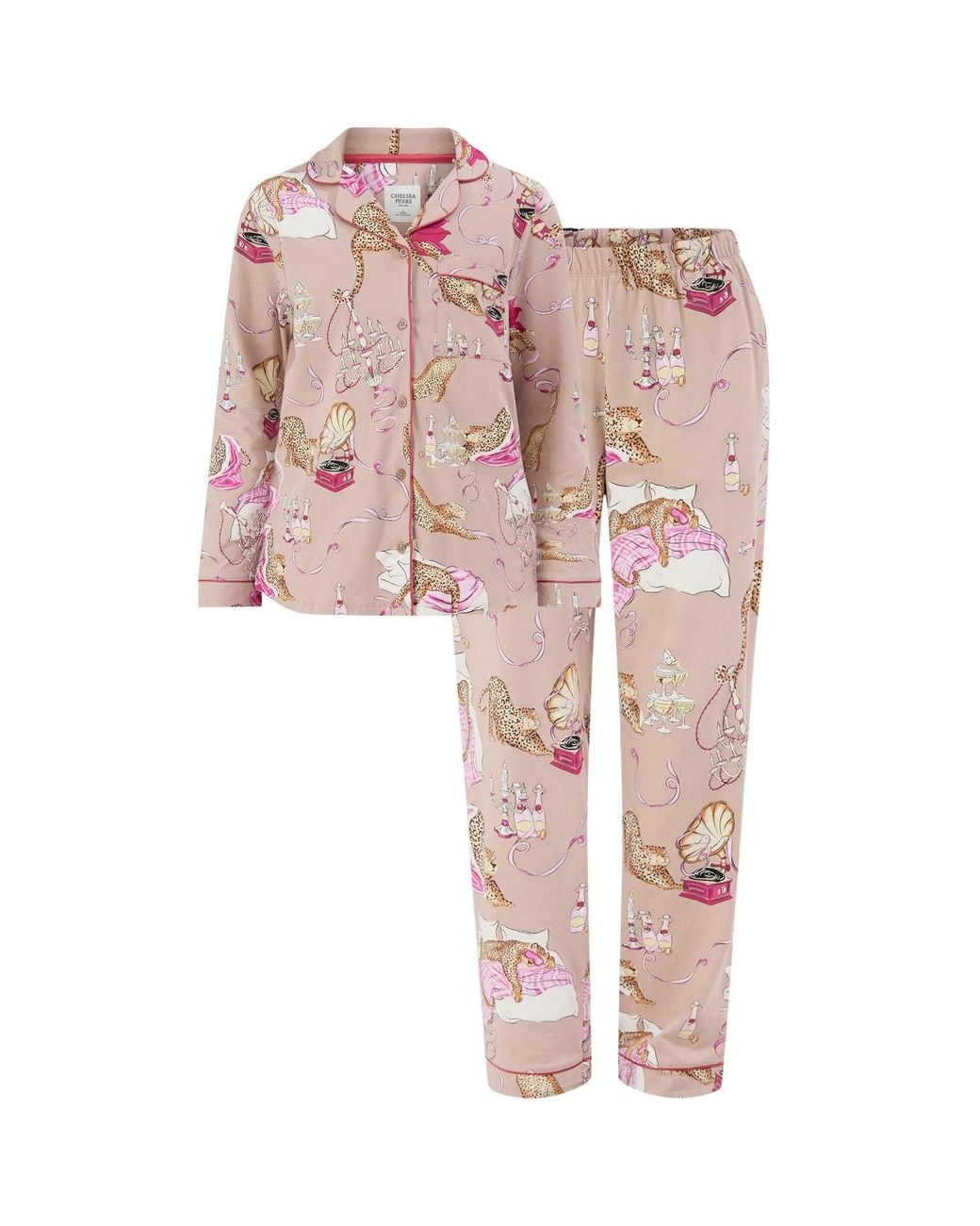Chelsea Peers Pink Organic Party Leopard Long Button-Up Pyjama Set