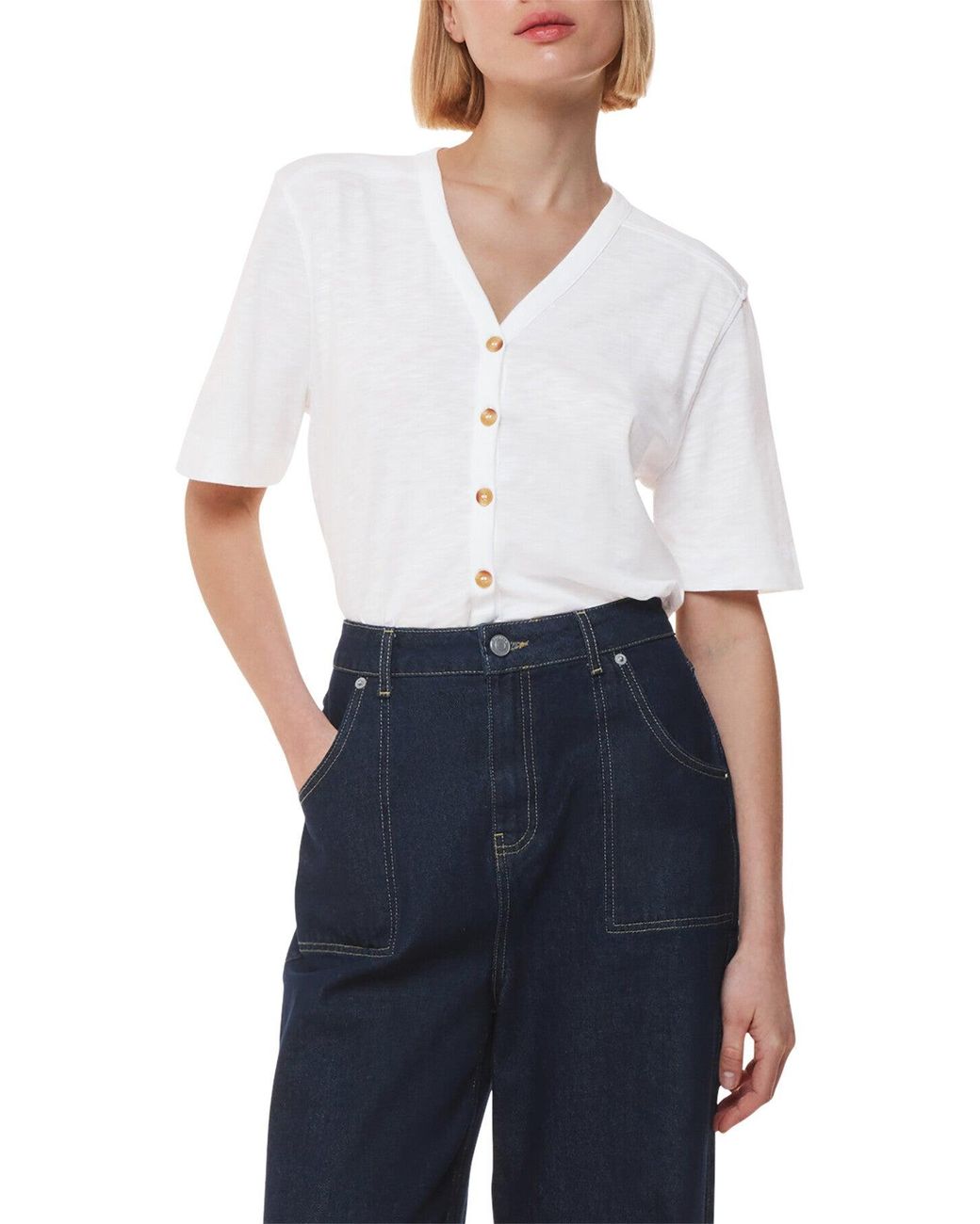 Whistles White Ella V Neck Button Through Tee