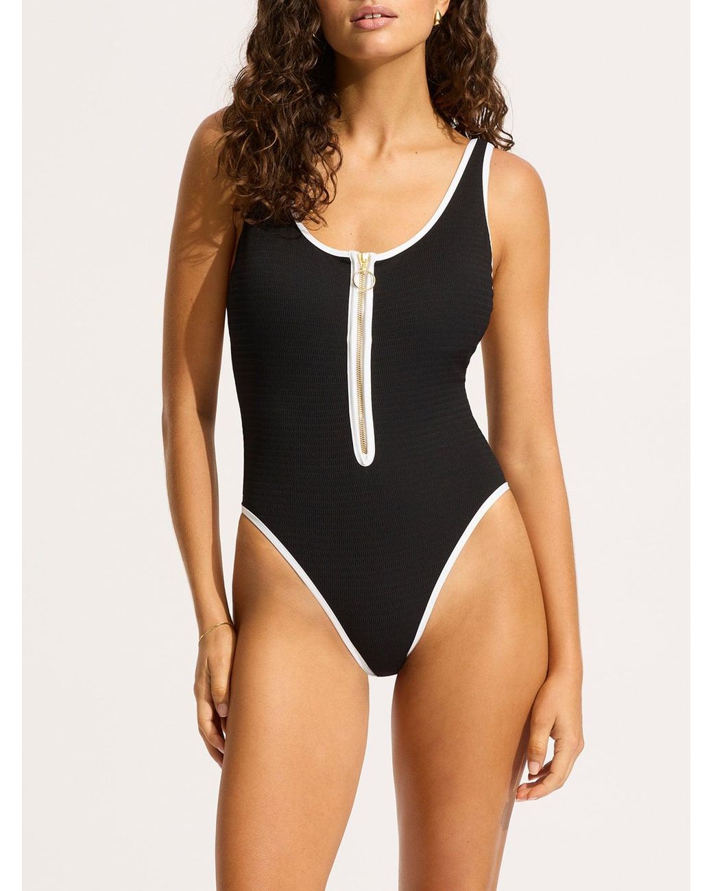 Seafolly Blue Beach Bound Zip Front Retro One Piece