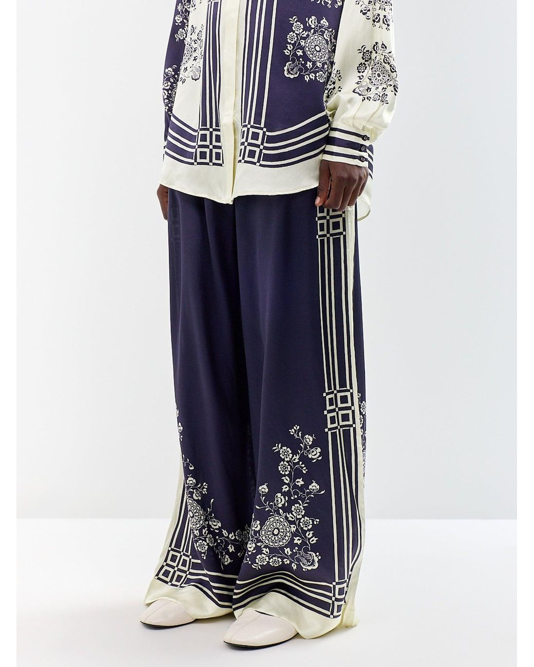 ALÉMAIS Blue Banderra Silk Satin Wide Leg Trousers