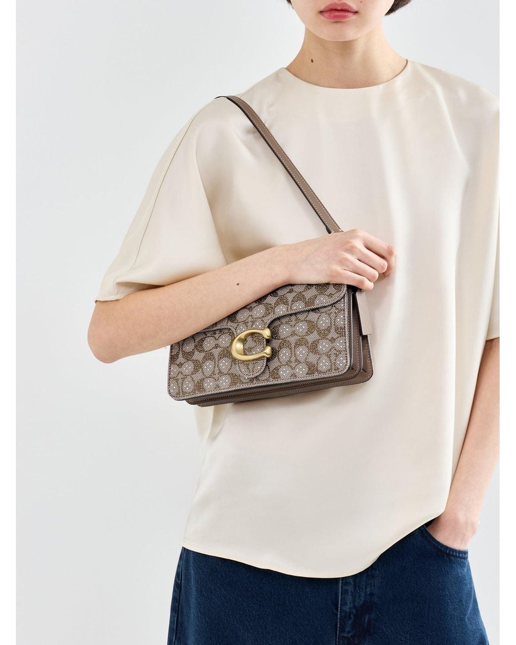 COACH Natural Soft Tabby 26 Crystal Signature Shoulder Bag Mushroom