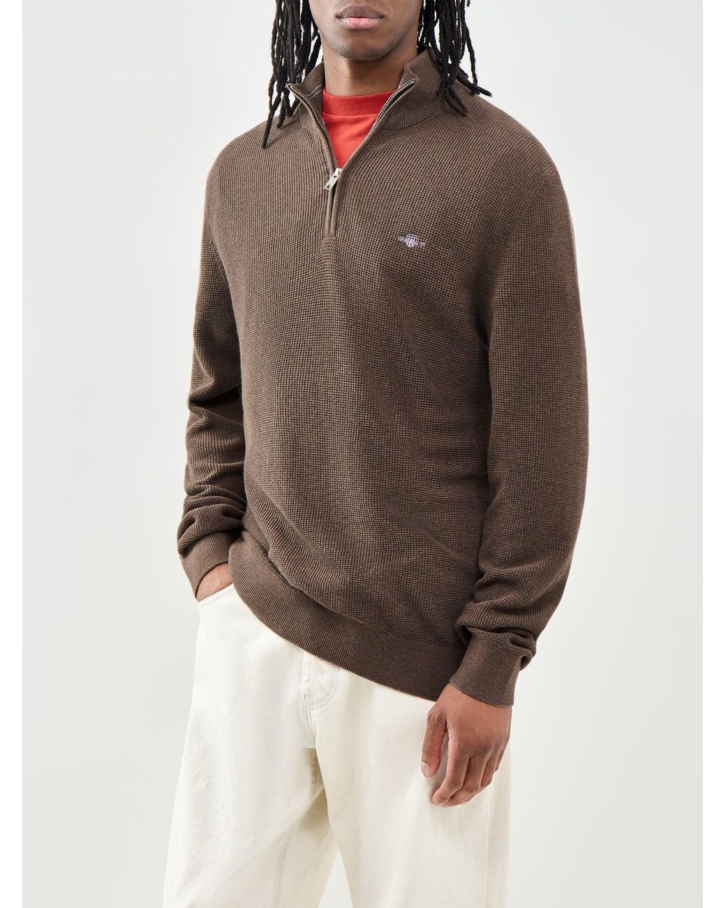 Gant Brown Micro Textured Half Zip Jumper for men