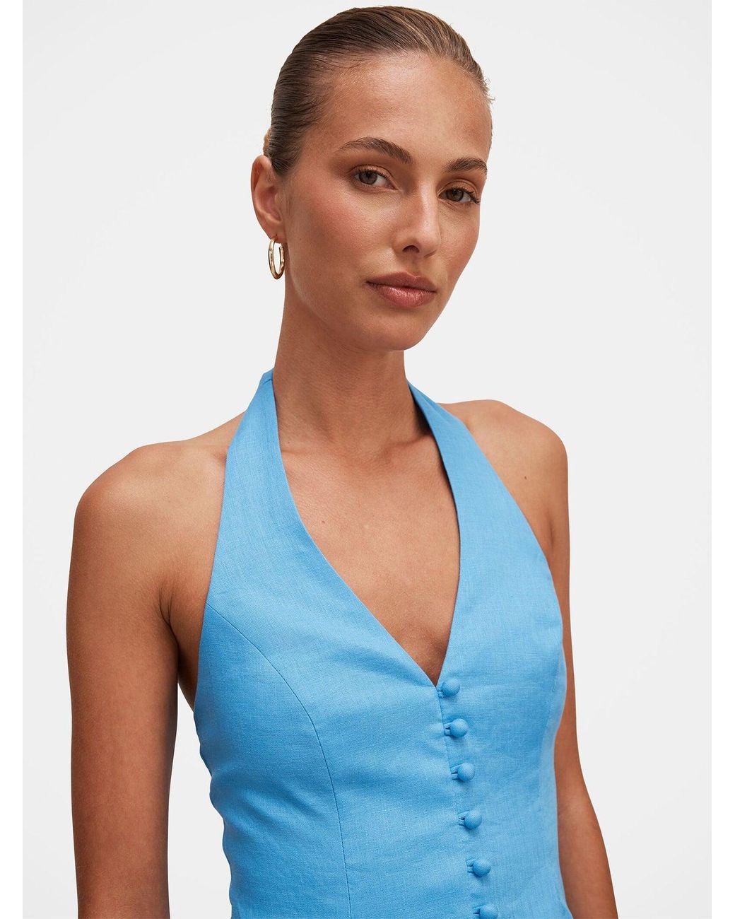 Forever New Blue Ina Button Front Halter Neck Mini Dress