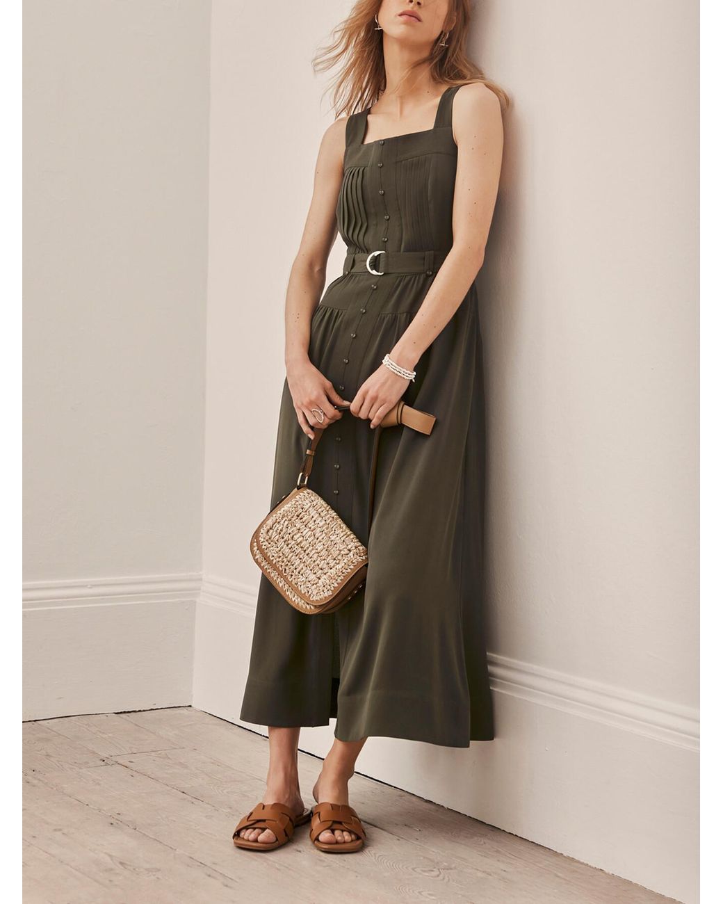 Mint Velvet Women's Khaki Pinafore Midi Dress in Green | Lyst UK