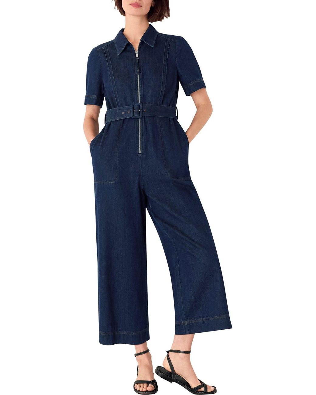 Whistles Blue Pintuck Belted Jumpsuit