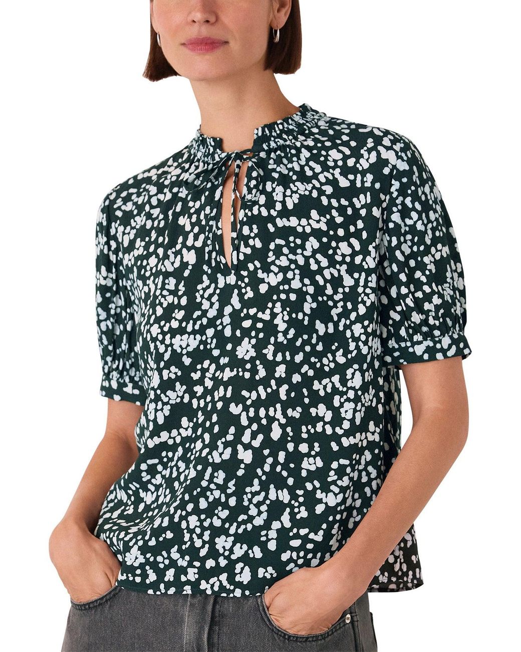 Whistles Green Animal Tie Neck Blouse