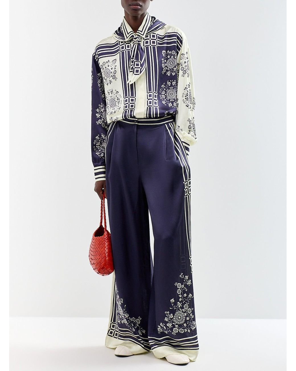ALÉMAIS Blue Banderra Silk Satin Wide Leg Trousers