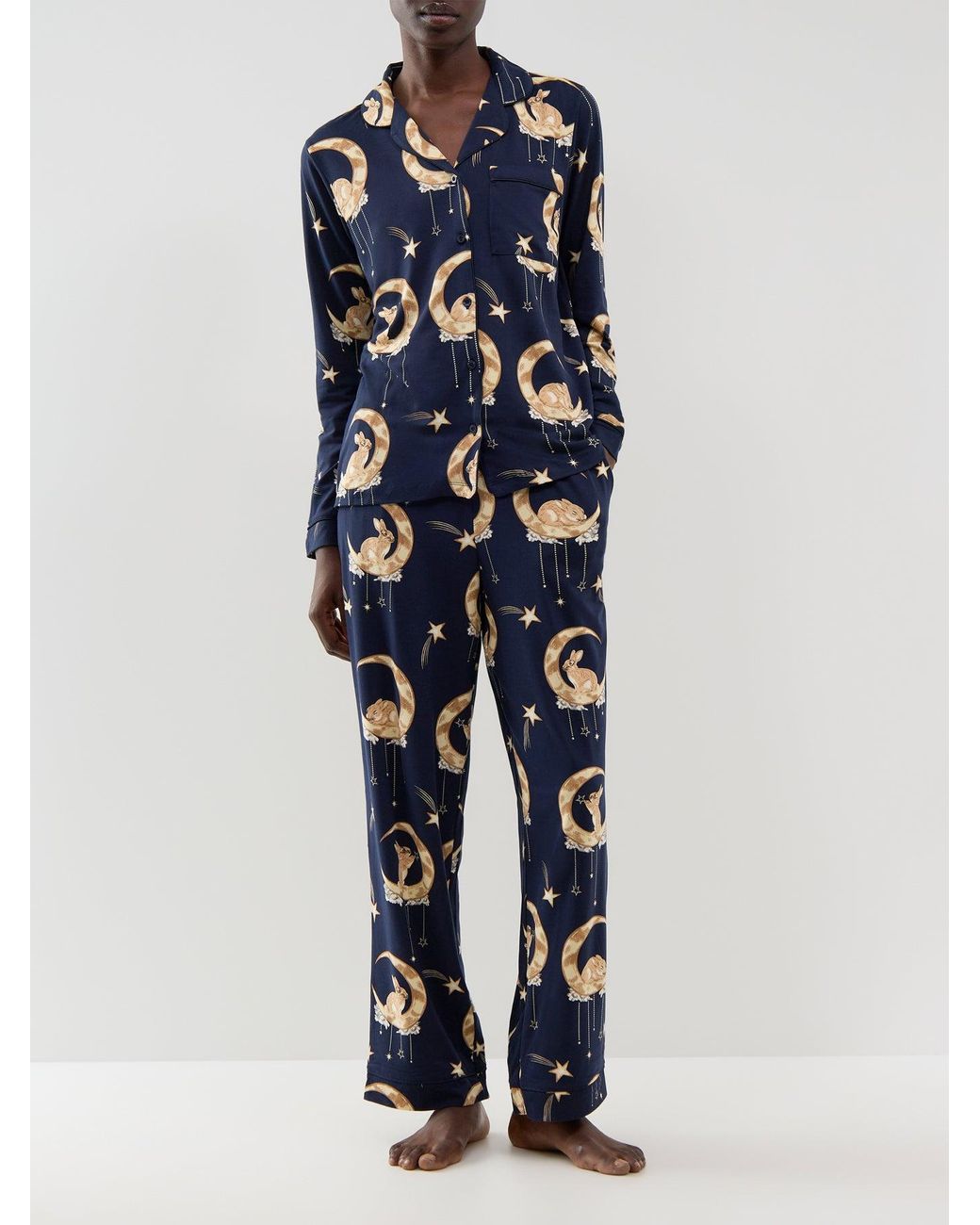 Chelsea Peers Blue Bunny On Moon Long Button-Up Pyjama Set