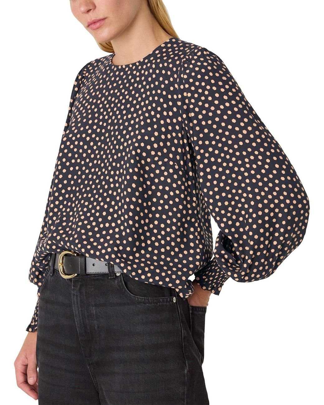 Whistles Black Spot Shirred Cuff Blouse, Wood/Metal