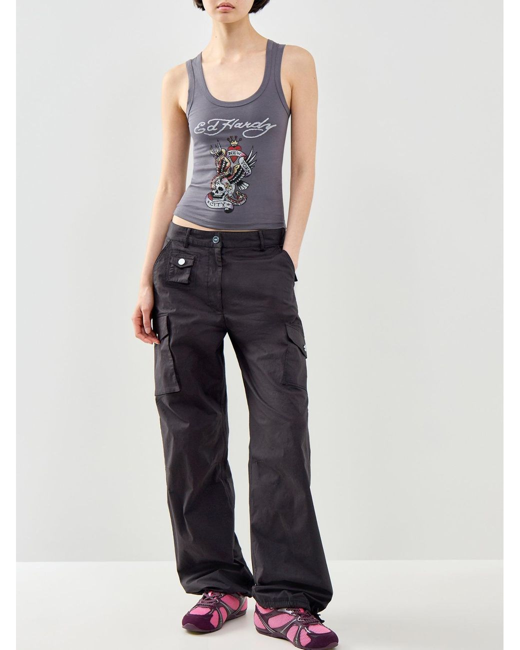 Ed Hardy Gray New York City Diamante Cropped Vest Top