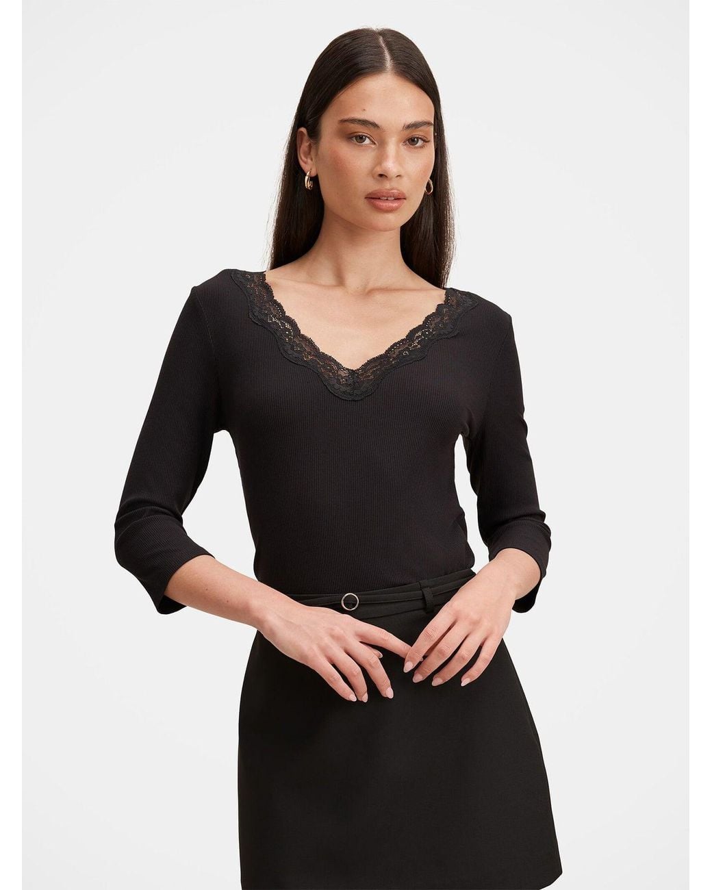 Forever New Black Selena Lace Trim 3/4 Sleeve Top